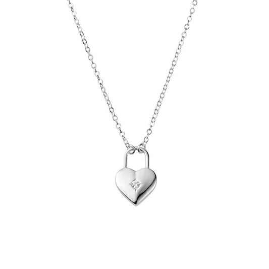 Sterling silver necklace with heart+cz padlock
